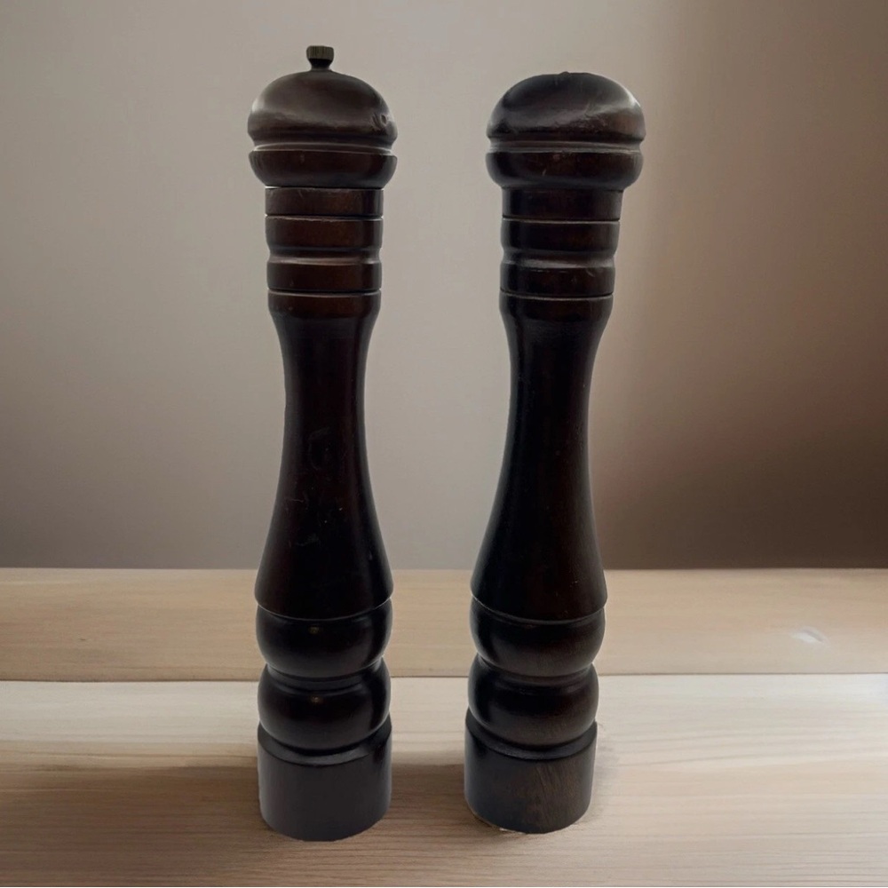 Vintage Mid Century Turned Wood Elegant Dark Wood Pepper and Salt Mills Set 10"